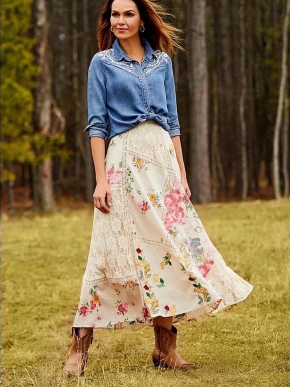 Reba Cream Patchwork Floral Maxi Skirt